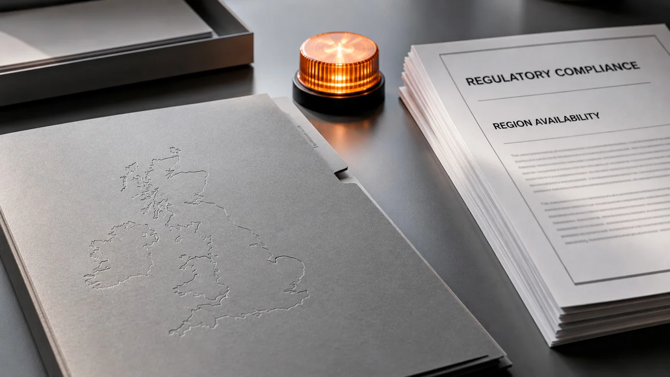 Neutral United Kingdom map outline with documents and a warning marker