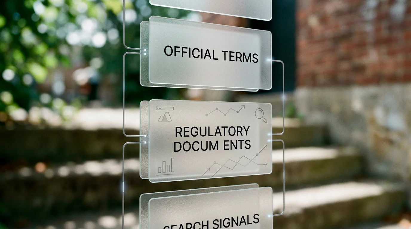 Source hierarchy diagram from official terms to regulator sources to search signals